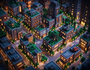 Night Cityscape, Miniature Urban Scene with Green Roofs