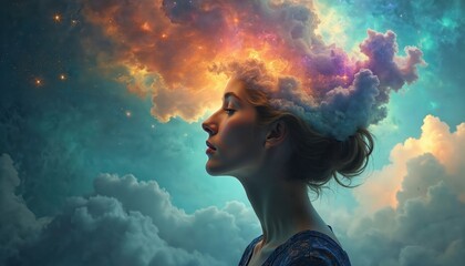 Woman with cloudscape on head side view. Dream therapy, subconscious mind exploration, dreamwork for healing trauma, processing emotions. Mental health support.