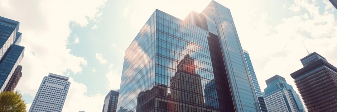 Reflection of blue sky and fluffy clouds in the sleek windows of a contemporary corporate building, corporate culture, commercial real estate, nature