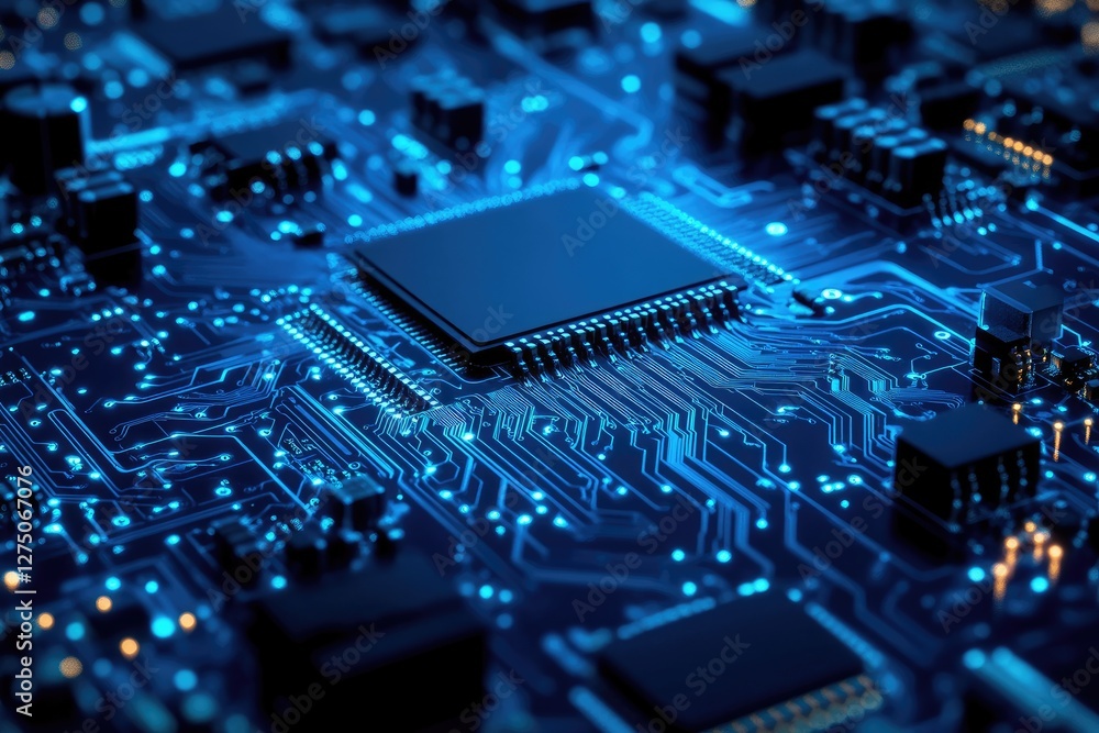 Poster close-up of a glowing blue circuit board with a central microchip, symbolizing computing, ai, and di