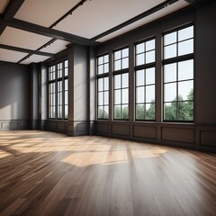 Sunlit Empty Room with Dark Wood Floors and Large Windows