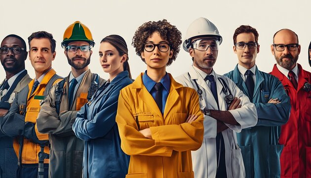 Diverse group of professional workers stand together confidently smiling