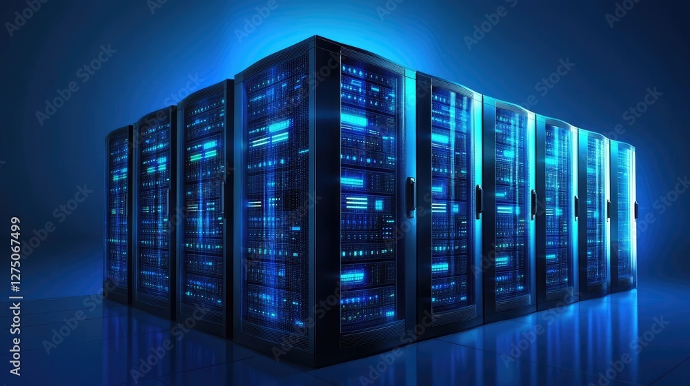 Aufkleber a futuristic data center with illuminated server racks emitting a blue glow, symbolizing cloud compu