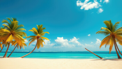 Obraz premium Warm sandy beach with swaying palm trees and turquoise water in the background, sun, palm trees, seaside, summer