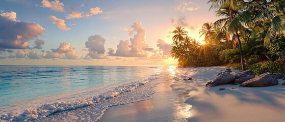 Warm sunlight filters through palm trees on a serene tropical beach at sunset, beach at sunset, , tropical, island vibe
