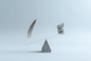 Feather and stone balancing scale. Solid background. Hard and easy method concept.