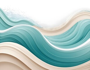 Abstract Ocean Waves, Teal and Beige Paper Cut Style