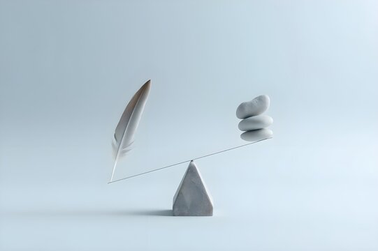 Feather and stone balancing scale. Solid background. Hard and easy method concept.