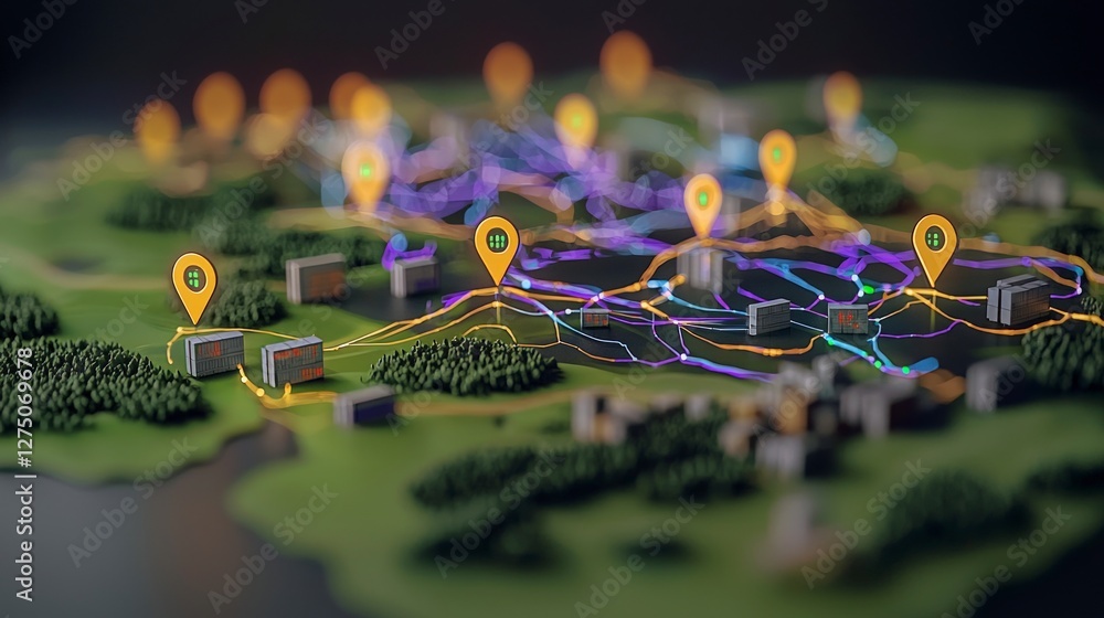 Poster global supply chain network logistics map data flow distribution inventory productio