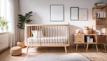 Trendy Wooden Crib in a Cozy Childs Room Interior Closeup of Modern 3D Illustration featuring a Stylish Newborn Sleeping Space with Warm Wood Textures and Cool Pastel Accents,