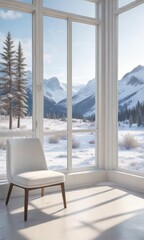 White chair by a white window with a view of a snowy landscape, landscape view, winter, chilly