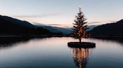 Serene Christmas Tree on Lake at Dusk  Mountain View