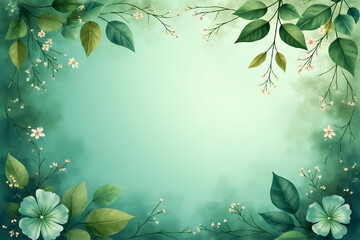 A rich emerald green invitation background with splashes of soft watercolor leaves and branches.