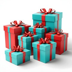 Fototapeta premium Stack of Teal and Red Gift Boxes with Bows
