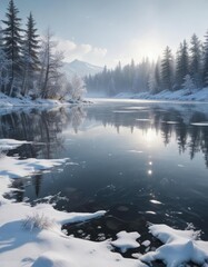 Fototapeta premium Winter scene of snowflakes gently falling on a frozen lake, frozen lake, snowflakes, winter landscape