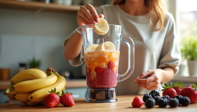 Female making healthy smoothie drink with blender in kitchen. Woman adds banana to mix fresh organic fruits for tasty beverage. Diet, detox, clean eating concept.