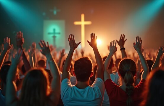 Back view of people with raised hands worshiping in church. Religious christian gathering praising God, praying to Jesus Christ. Spirituality concept of faith and hope.