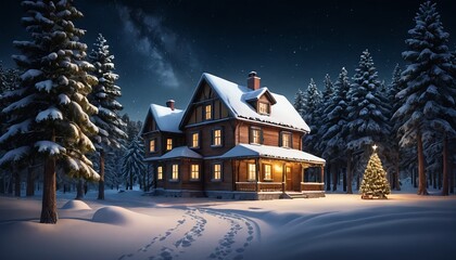 Fototapeta premium Cozy Winter Night at a Snow-Covered House
