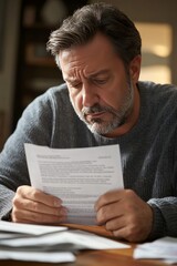 A man stares at a rejection letter for his unemployment claim, his hands gripping the paper