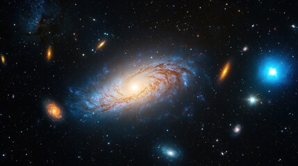 Fototapeta premium A large spiral galaxy with bright stars and cosmic dust in a starry night sky background