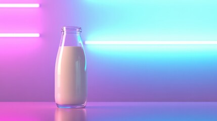 A glass milk bottle illuminated by vibrant neon lights, creating a colorful atmosphere