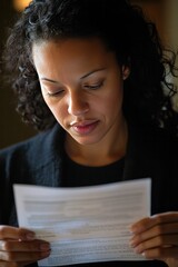 A woman reads a letter stating her unemployment benefits have been approved