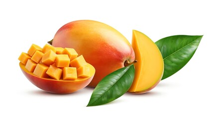 Fototapeta premium Fresh Mango with Cubes and Leaves