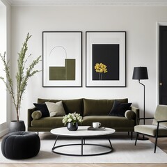Modern Living Room Interior with Olive Green Velvet Sofa and Marble Coffee Table