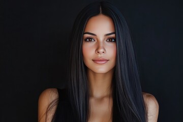 Fototapeta premium A woman with long dark hair poses against a black background