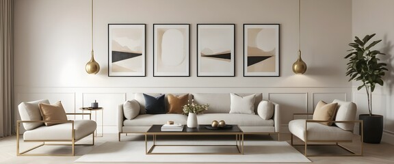 Modern Beige Living Room Interior with Gold Accents