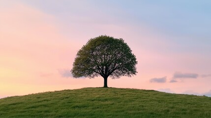 Obraz premium A solitary tree stands atop a grassy hill under a colorful sky, creating a serene and picturesque landscape.