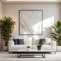 Modern Living Room Interior with White Sofa and Plants