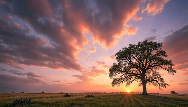 Lone Tree in Grassy Field at Sunset with Dramatic Clouds