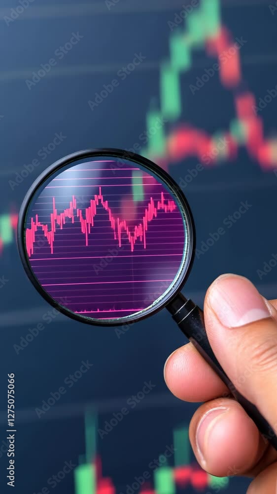 Poster hand holding magnifying glass over digital stock market displaying red graph on dark background for 