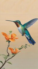 Obraz premium Picturesque Hummingbird in Flight on Branch with Orange Flowers and Green Leaves, Vibrant Colors and Serene Mood.