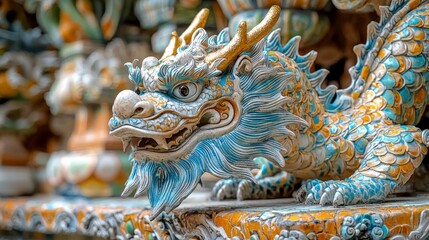 Fototapeta premium Chinese Dragon Statue Asian Culture Temple Decor Mythical Creature Blue Gold Scales