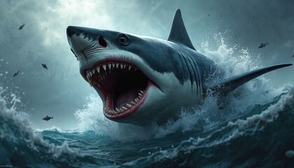 Naklejka premium Great white shark with open mouth full sharp teeth in wavy sea. Dangerous predator swims hunt ocean. Underwater marine wildlife three-dimensional illustration. Ripples and sunlight background.