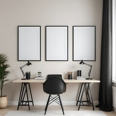 Modern Minimalist Home Office Workspace with Blank Frames