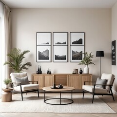 Modern Minimalist Living Room Interior with Mountain Art