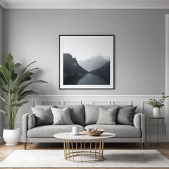 Grey Sofa in Modern Living Room with Mountain Landscape Art