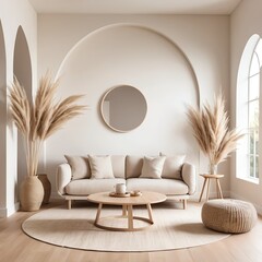 Modern Beige Living Room Interior with Pampas Grass