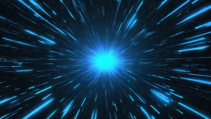 Fototapeta premium Futuristic Blue Light Burst on Black Background: Vibrant radial pattern creates dynamic starburst effect, conveying depth and movement.