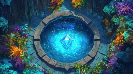 Crystal Shard in a Stone Well Surrounded by Vibrant Flora