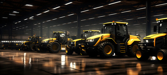 A photorealistic image of warehouse about many Agricultural vehicle at Factory, ai generative