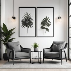 Modern Minimalist Living Room Interior with Gray Armchairs and Botanical Prints