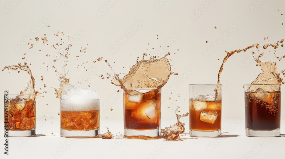 Poster dynamic display of various drinks splashing in glasses, showcasing refreshing beverages with ice
