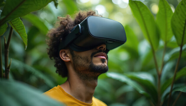 Man explores virtual reality surrounded by dense plants. Person wearing VR headset blends tech, nature. Modern digital exploration, futuristic immersion. Innovations for relaxation, inspiration, - Powered by Adobe