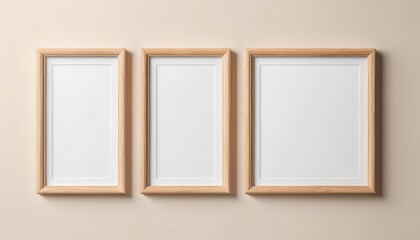 Three Empty Wooden Frames on Beige Wall