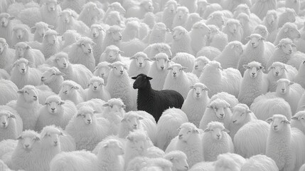Obraz premium Lone Black Sheep Among White Flock Individuality Conformity Difference