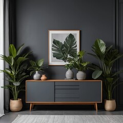 Modern Dark Grey Living Room Interior with Greenery